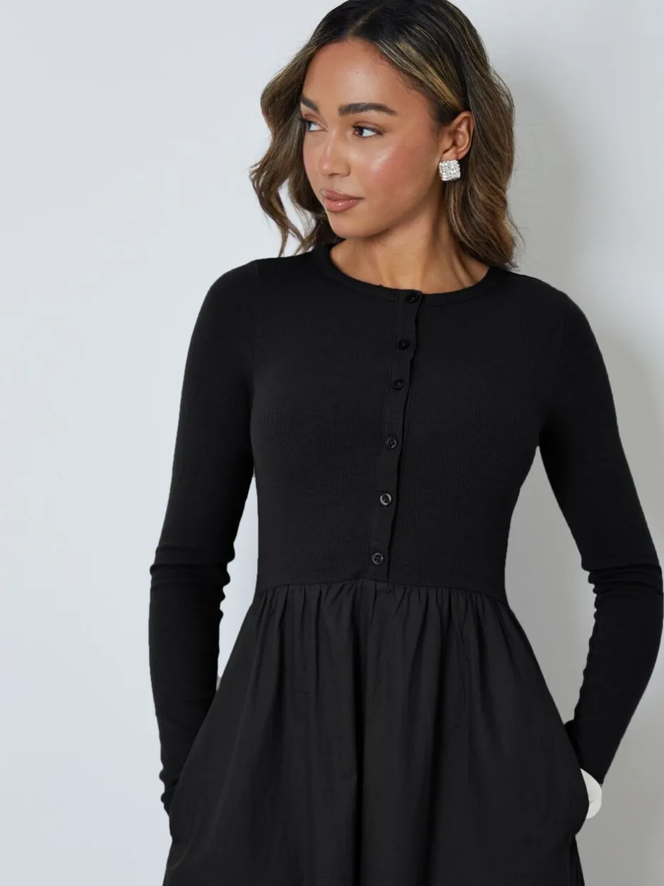 Jurken*Threadbare - 2-in-1 Jersey Poplin Mix Button Down Dress Zwart