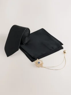 Stropdassen En Pochets*Next - Tie Pocket Square and Brooch Set Zwart