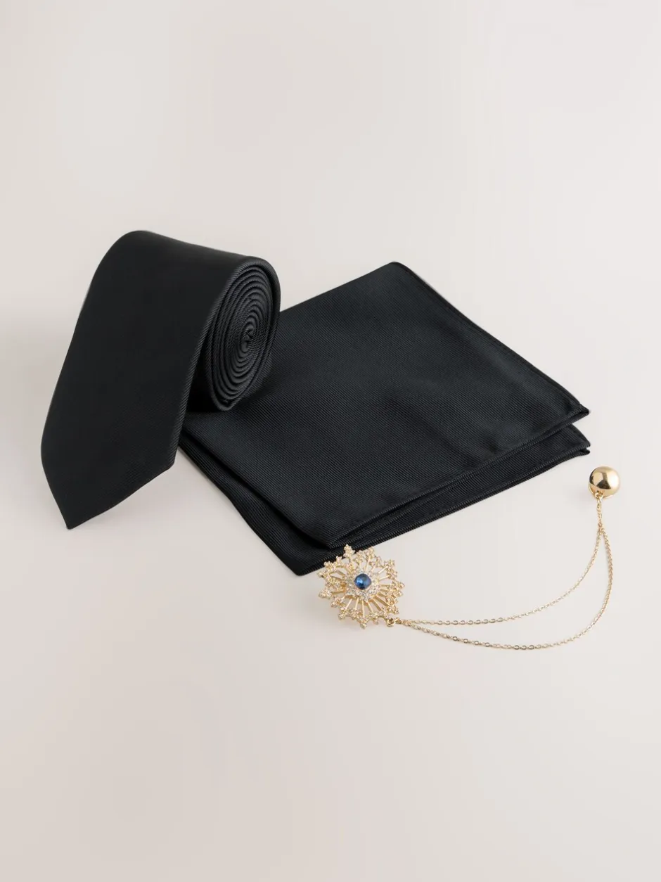 Stropdassen En Pochets*Next - Tie Pocket Square and Brooch Set Zwart