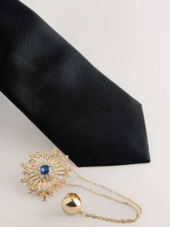Stropdassen En Pochets*Next - Tie Pocket Square and Brooch Set Zwart