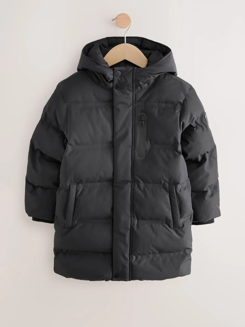 Schoolkleding|Jassen En Jacks|Next - Waterdichte lange pufferjas met fleecevoering (3-17jr) Zwart