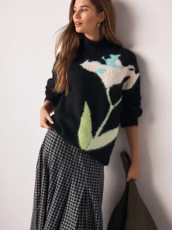 Gebreide Kleding*Next - Wollen trui met opstaande hals en bloemenprint Zwart