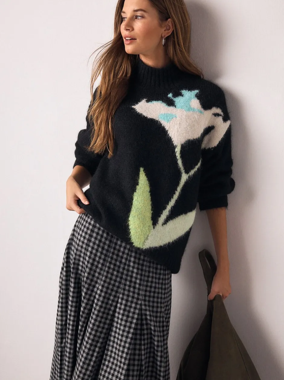 Gebreide Kleding*Next - Wollen trui met opstaande hals en bloemenprint Zwart