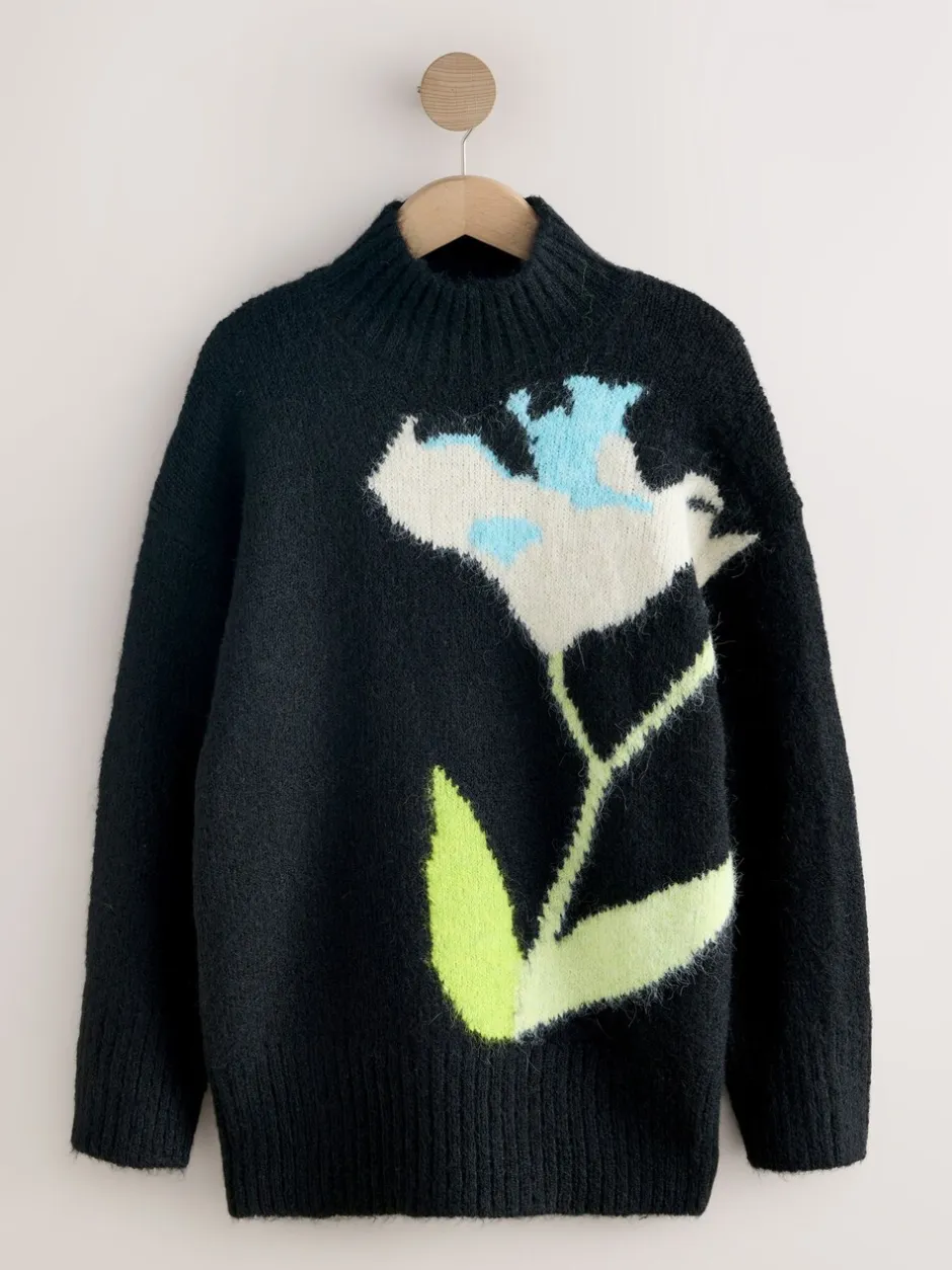 Gebreide Kleding*Next - Wollen trui met opstaande hals en bloemenprint Zwart