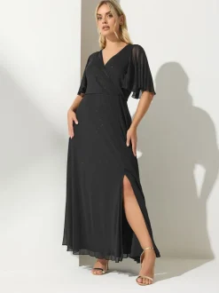 Gelegenheidskleding|Jurken*Yours Curve - London Glitter Wrap Mesh Maxi Dress Zwart