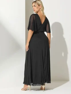 Gelegenheidskleding|Jurken*Yours Curve - London Glitter Wrap Mesh Maxi Dress Zwart