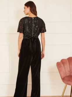 Jumpsuits En Playsuits*Yumi - jumpsuit met engelmouwen, van fluweel en versierd met lovertjes Zwart