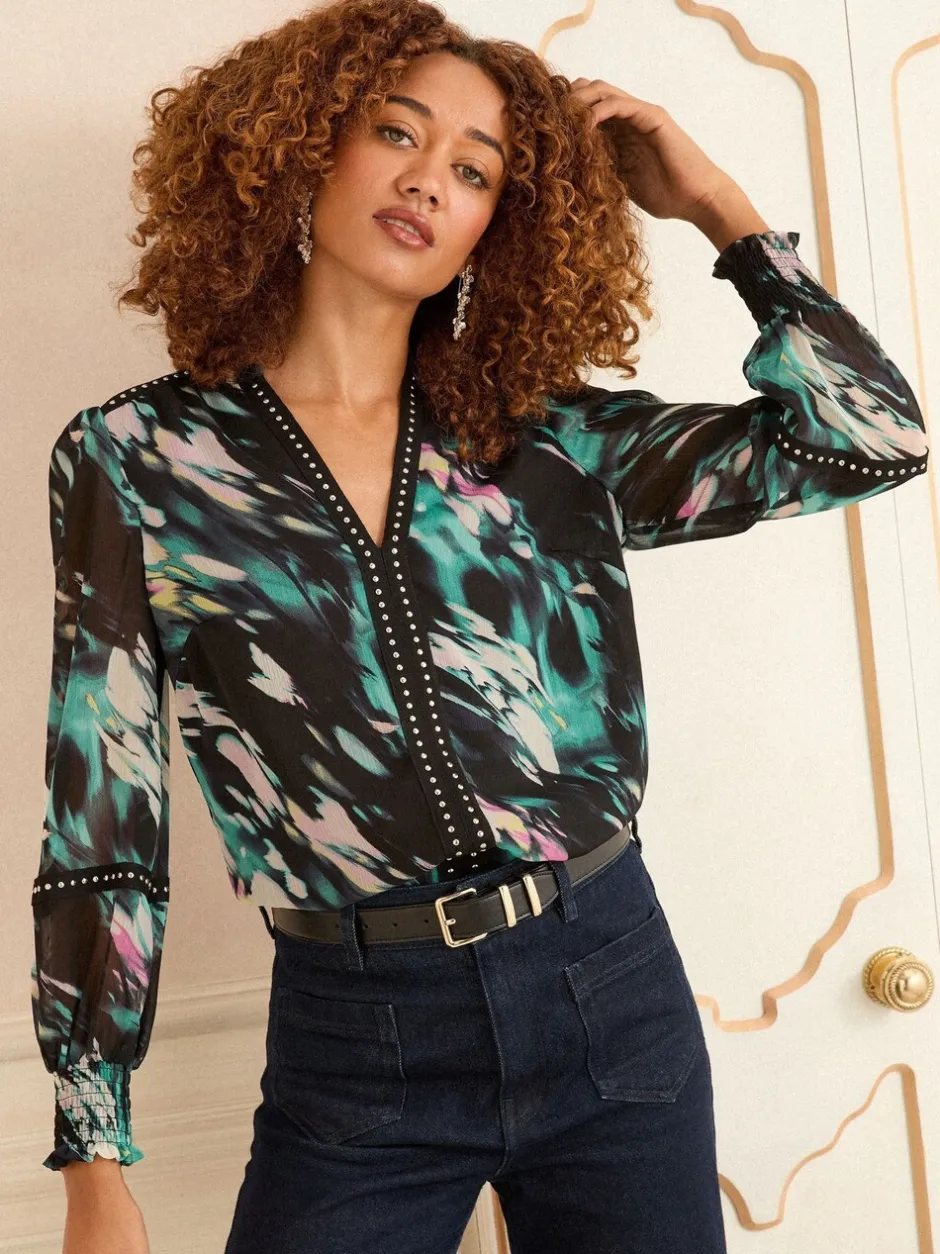 Blouses En Overhemden|Love & Roses - Print blouse met inkeping bij de hals en hardware Zwart Animal