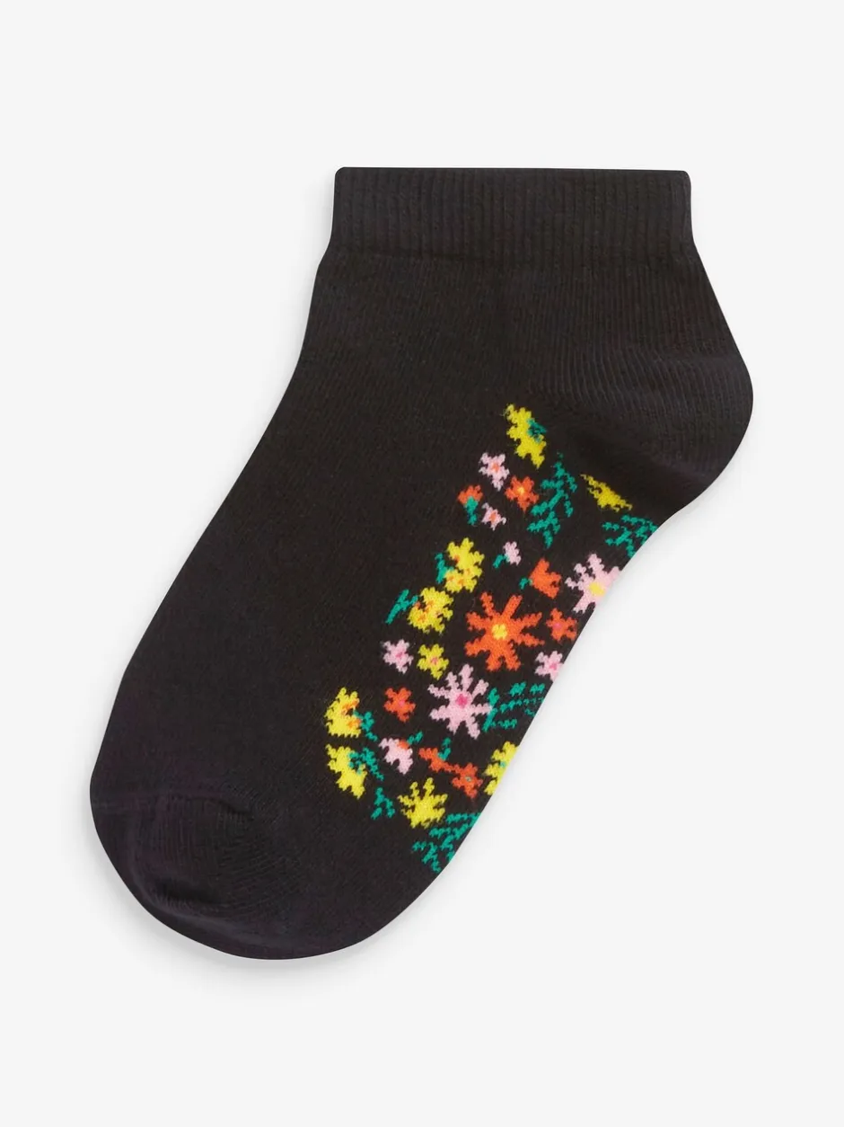 Sokken En Panty's*Next - 5 paar katoenrijke sneakersokken met voetbed Zwart bloemenprint