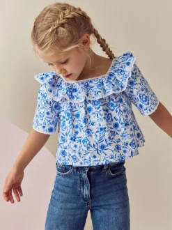 Overhemden En Blouses|Next Zwart bloemenprint - Bedrukte katoenen blouse met ruches van (100% katoen) (3 - 16 jr)