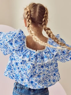 Overhemden En Blouses|Next Zwart bloemenprint - Bedrukte katoenen blouse met ruches van (100% katoen) (3 - 16 jr)