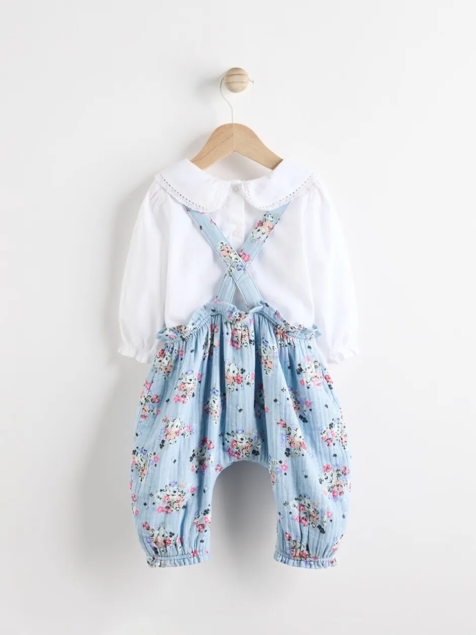Tuinbroeken*Next Zwart bloemenprint - Cath Kidston Baby Woven 100% Cotton Dungarees & Long Sleeve Blouse Set