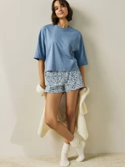 Loungewear|Alle Nacht- En Loungekleding|Next - Korte katoenen pyjama Zwart bloemenprint