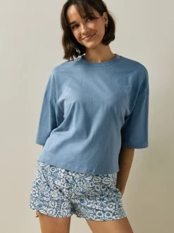 Loungewear|Alle Nacht- En Loungekleding|Next - Korte katoenen pyjama Zwart bloemenprint