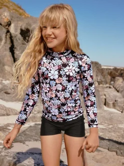 Badkleding|Next - Long Sleeve Sunsafe Rash Vest And Shorts Set (3-16yrs) Zwart bloemenprint