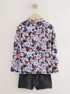 Badkleding|Next - Long Sleeve Sunsafe Rash Vest And Shorts Set (3-16yrs) Zwart bloemenprint
