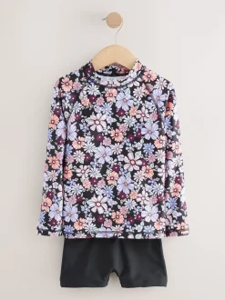 Badkleding|Next - Long Sleeve Sunsafe Rash Vest And Shorts Set (3-16yrs) Zwart bloemenprint