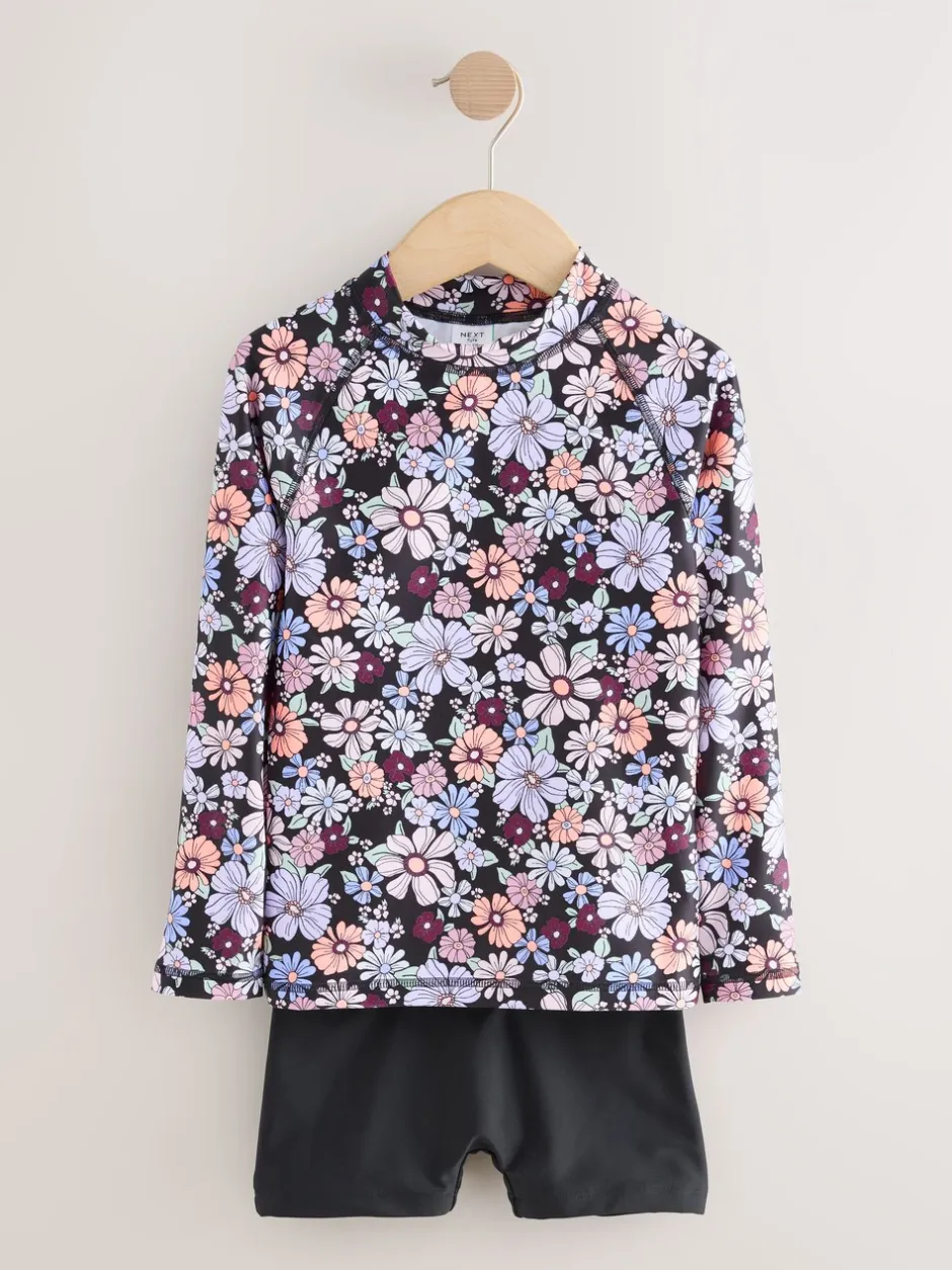 Badkleding|Next - Long Sleeve Sunsafe Rash Vest And Shorts Set (3-16yrs) Zwart bloemenprint