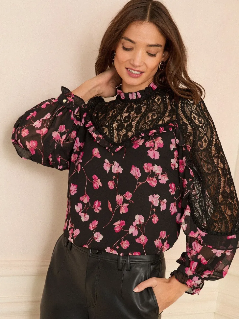 Blouses En Overhemden|Love & Roses - Crew Neck Lace Yoke Long Sleeve Blouse Zwart bloemenprint