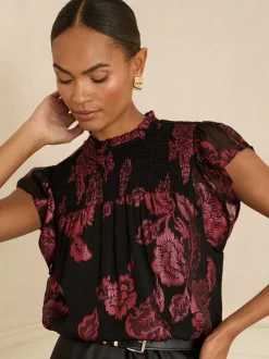 Blouses En Overhemden|Tops En T-Shirts*Love & Roses - - Metallic top met ronde hals Zwart bloemenprint