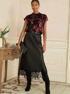 Blouses En Overhemden|Tops En T-Shirts*Love & Roses - - Metallic top met ronde hals Zwart bloemenprint