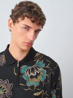 Poloshirts|Next Zwart bloemenprint - Poloshirt met korte mouwen en print