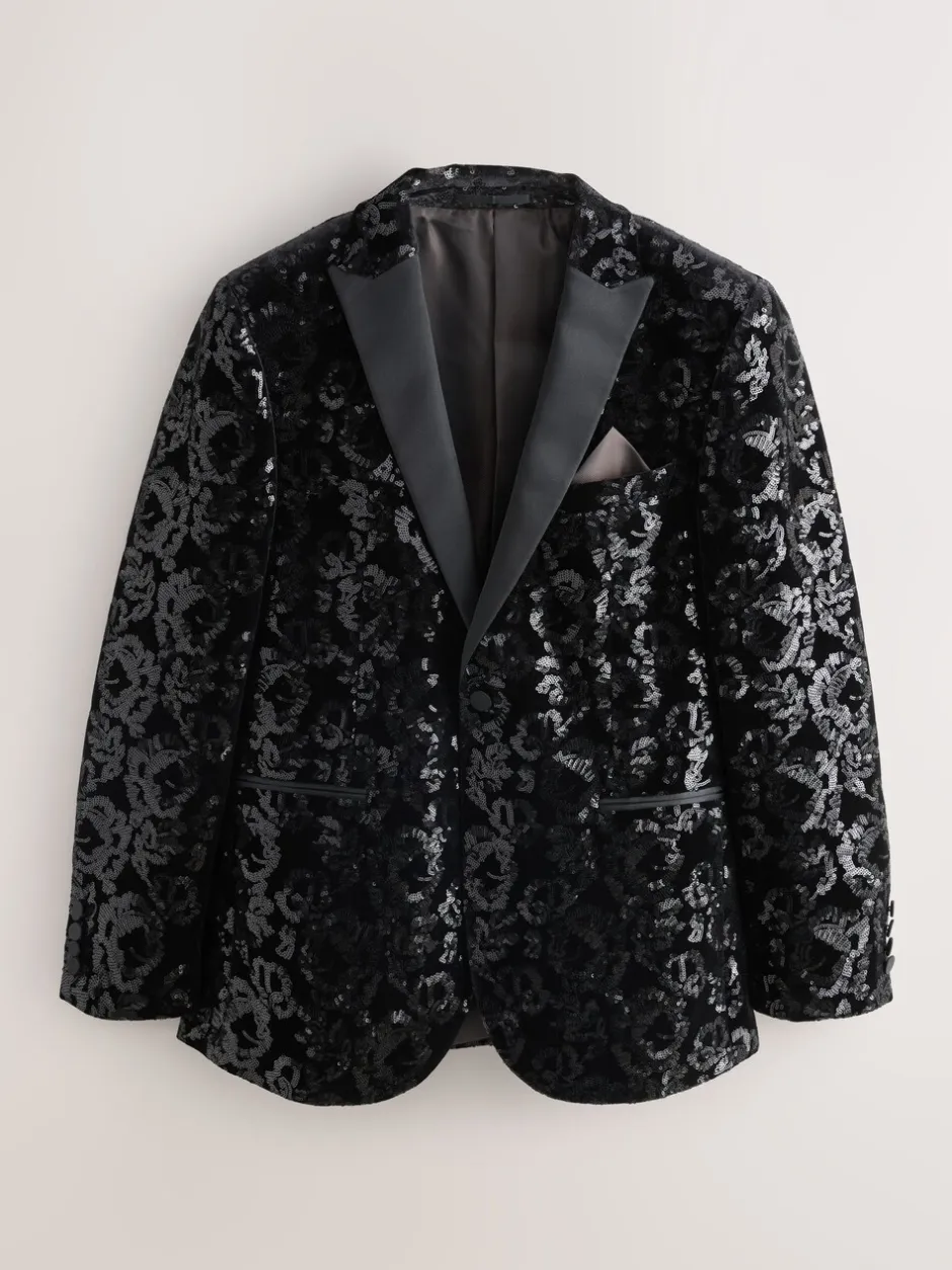 Smokings En Feestkleding*Next Zwart bloemenprint - Slim Fit - Fluwelen blazer met lovertjes