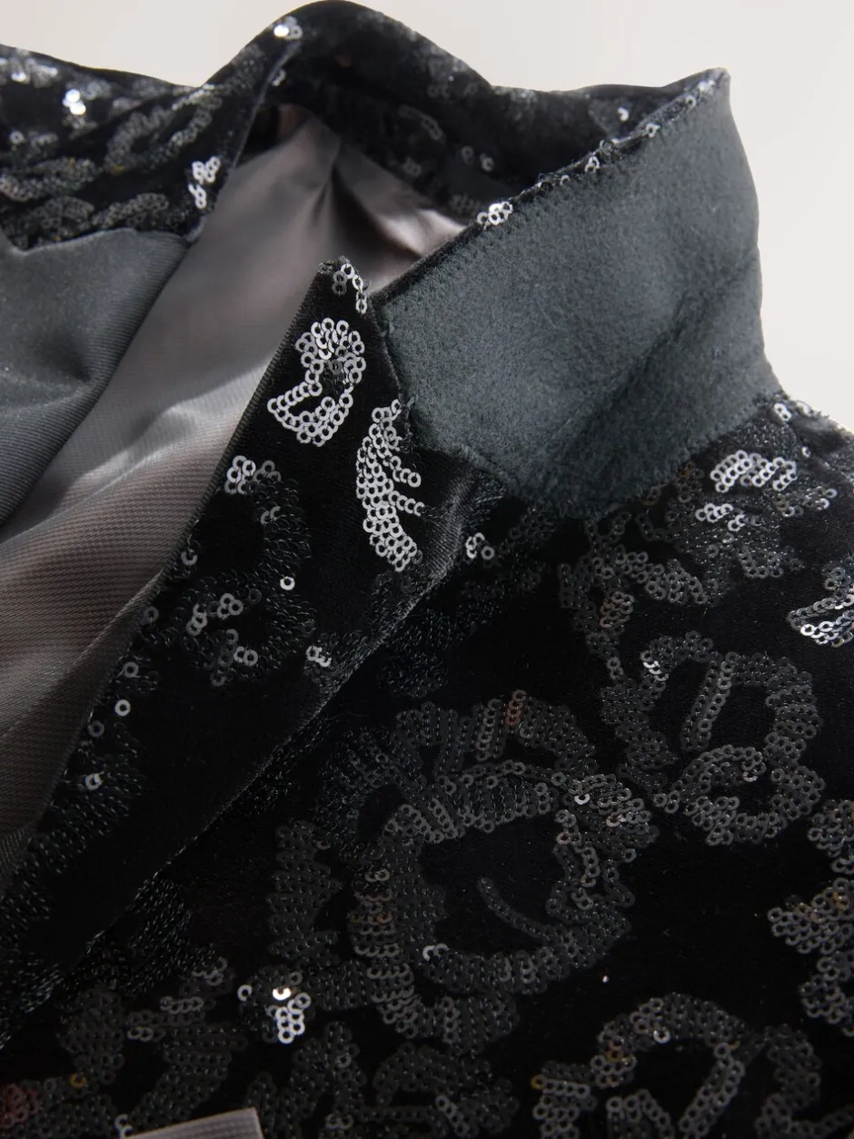Smokings En Feestkleding*Next Zwart bloemenprint - Slim Fit - Fluwelen blazer met lovertjes