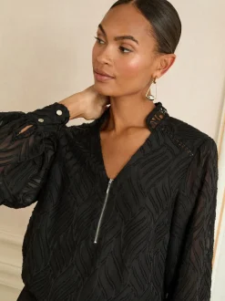 Blouses En Overhemden|Love & Roses - - Blouse met lange mouwen en rits aan de voorkant Zwart burnout