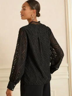 Blouses En Overhemden|Love & Roses - - Blouse met lange mouwen en rits aan de voorkant Zwart burnout