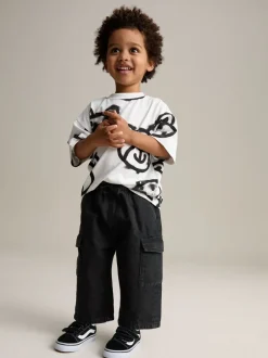 Jeans En Joggingbroeken|Jeans*Next - 100% katoenen cargobroek met wijde pijpen en elastische taille (3mnd-7jr) Zwart denim