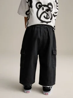 Jeans En Joggingbroeken|Jeans*Next - 100% katoenen cargobroek met wijde pijpen en elastische taille (3mnd-7jr) Zwart denim