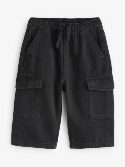 Jeans En Joggingbroeken|Jeans*Next - 100% katoenen cargobroek met wijde pijpen en elastische taille (3mnd-7jr) Zwart denim