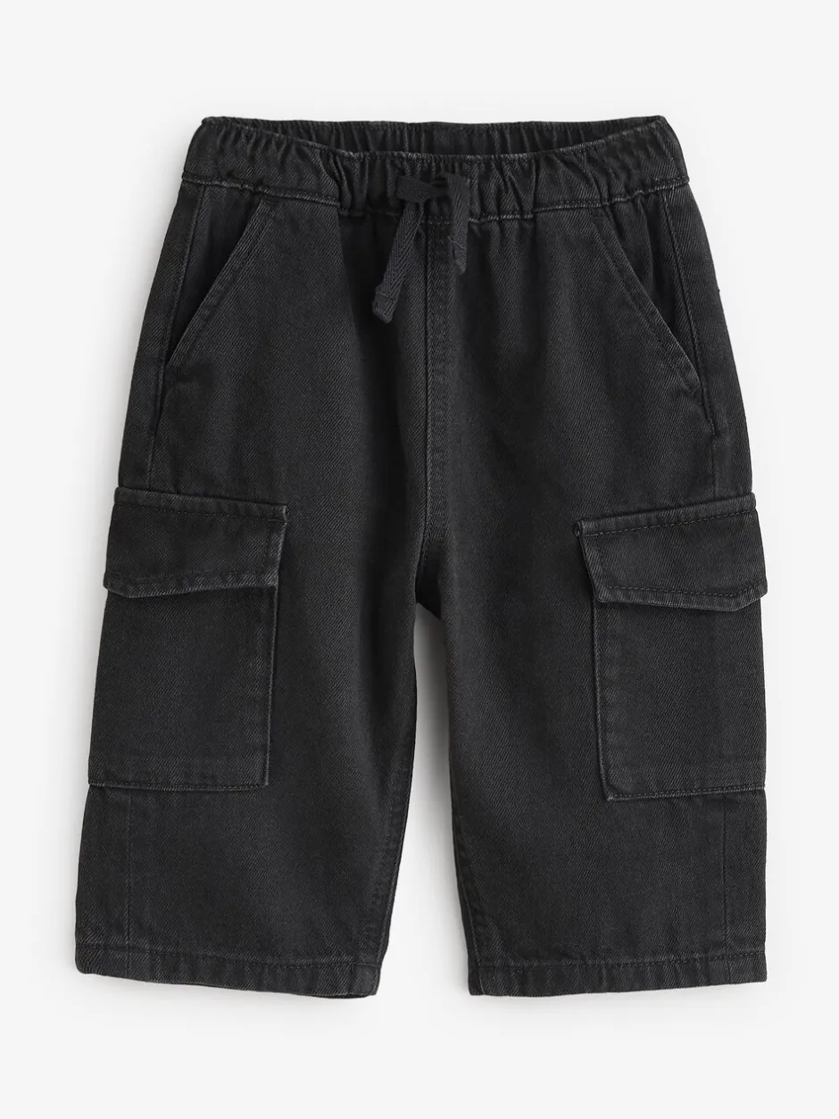 Jeans En Joggingbroeken|Jeans*Next - 100% katoenen cargobroek met wijde pijpen en elastische taille (3mnd-7jr) Zwart denim