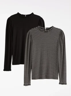 Blouses En Overhemden|Tops En T-Shirts|Love & Roses - jersey top met ruches aan de hals en lange mouwen Zwart en gestreept