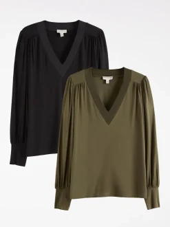 Blouses En Overhemden*Love & Roses - V-Neck Chiffon Mix Jersey Tops 2 Pack Zwart en kaki