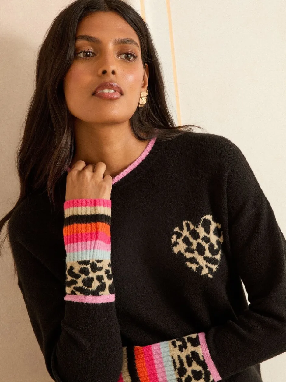 Gebreide Kleding*Love & Roses Zwart hart met dierenprint - behaaglijke trui met ronde hals