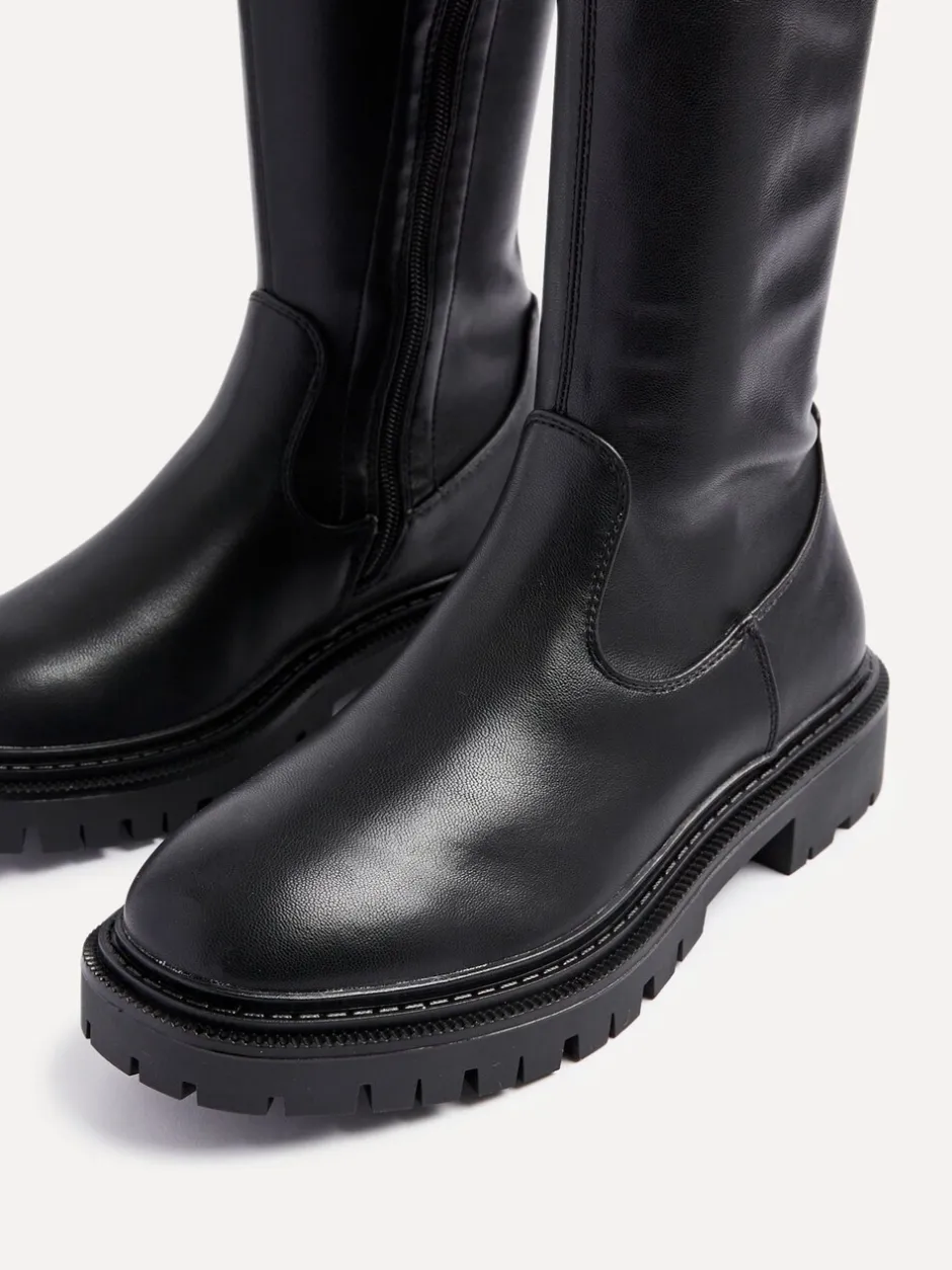 Boots*Linzi - Hallie hoge stretchy laarzen Zwart imitatieleer