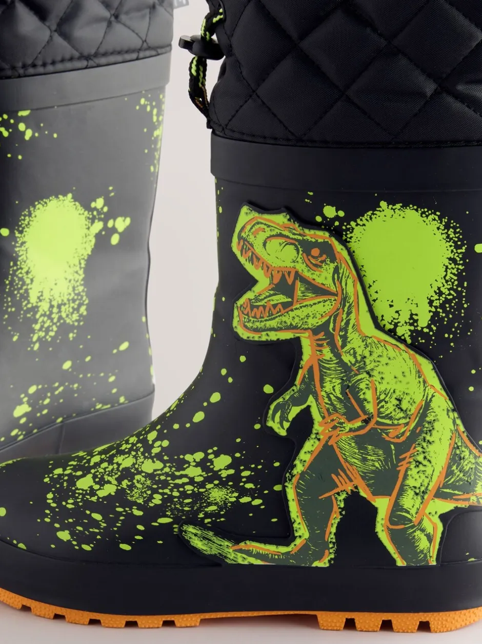 Laarzen|Next - Warme gevoerde regenlaarzen met rand Zwart met dinosaurus