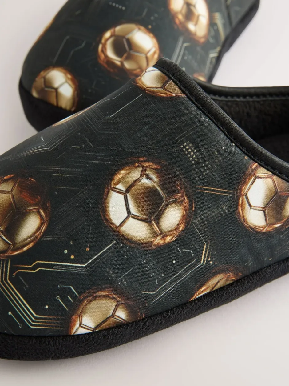 Pantoffels*Next Zwart met goudkleurige voetbal - Warme gevoerde pantoffelmuiltjes