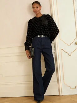 Gelegenheidskleding|Blouses En Overhemden*Love & Roses - Crew Neck Long Sleeve Burnout Blouse Zwart met hartjesprint