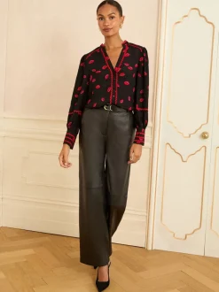 Blouses En Overhemden|Love & Roses Zwart met lippenprint - blouse met lange mouwen en inkeping