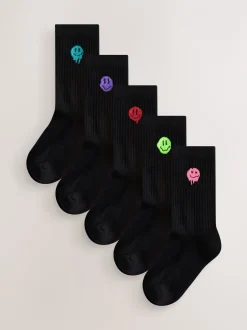 Sokken*Next - Sport Rib Socks 5 Pack Zwart met smiley