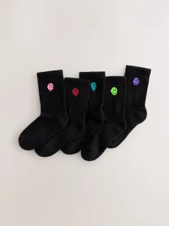 Sokken*Next - Sport Rib Socks 5 Pack Zwart met smiley