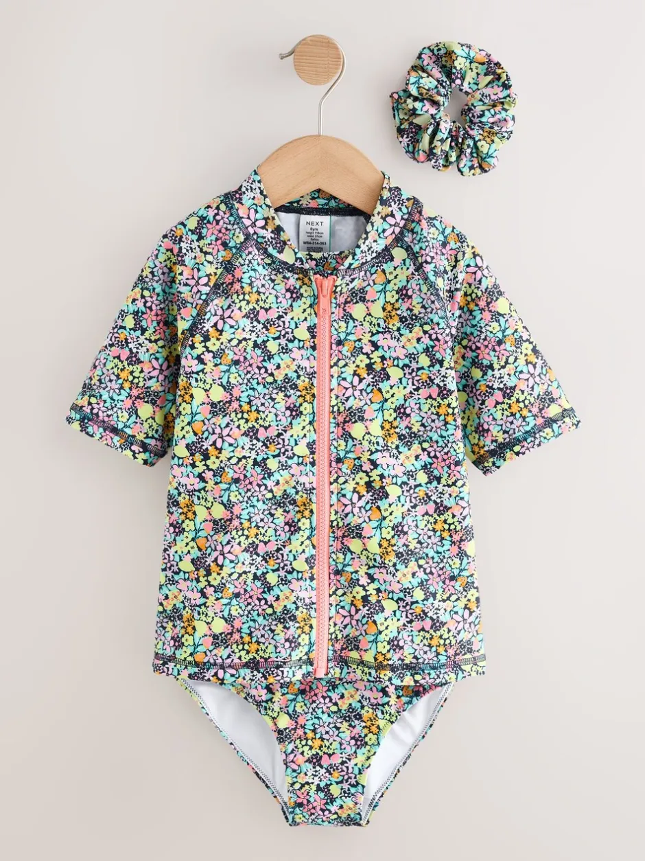 Badkleding*Next - Sunsafe Rash Vest Bikini And Scrunchie Swim Set (3-16yrs) Zwart met vrolijke bloemenprint