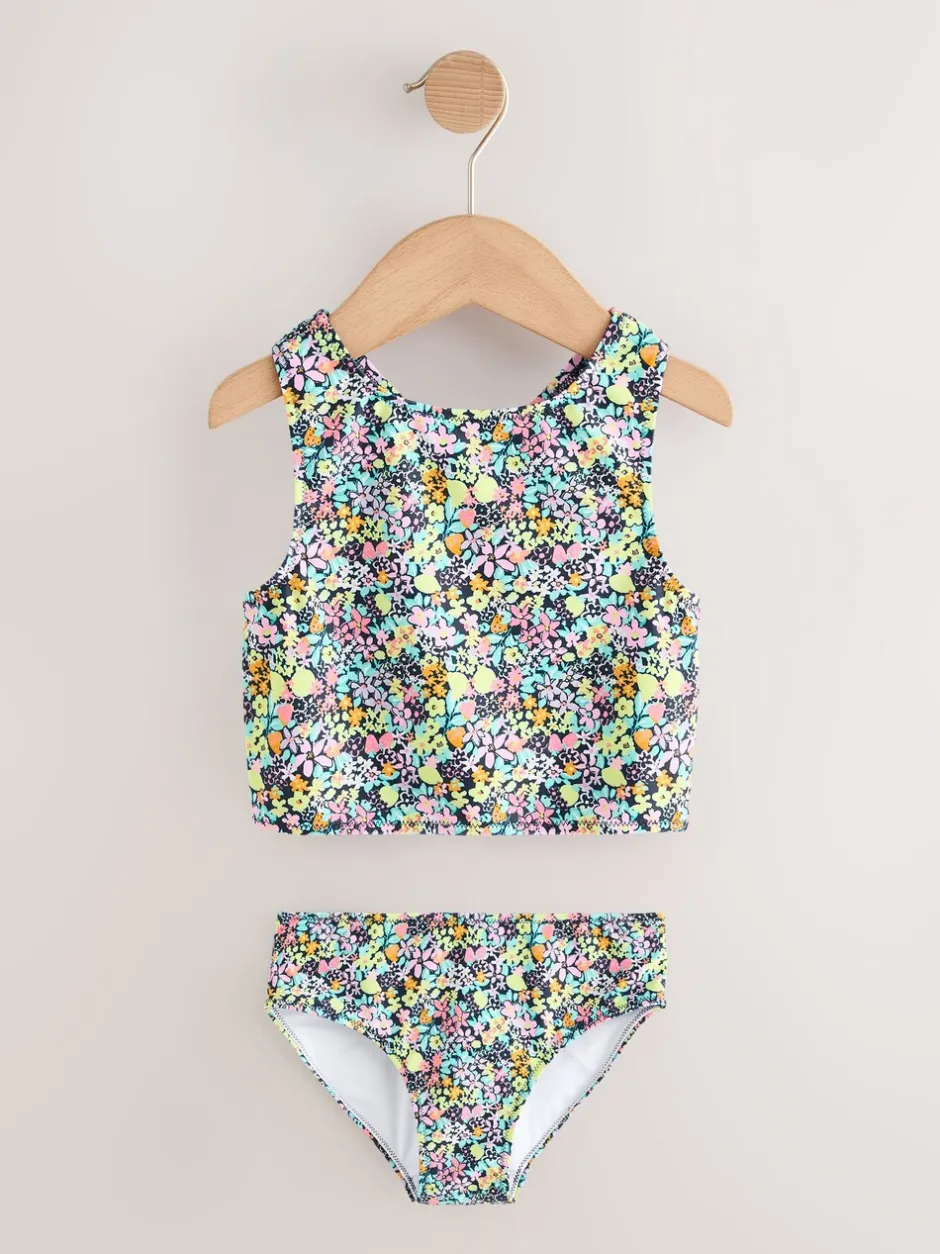 Badkleding*Next - Sunsafe Rash Vest Bikini And Scrunchie Swim Set (3-16yrs) Zwart met vrolijke bloemenprint