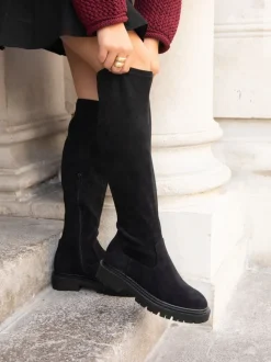 Ruimvallend En Extraruimvallend*Linzi - Briody Wide Fit PU Stretch High Leg Boots Zwart suède
