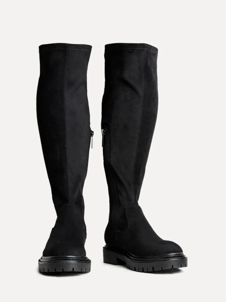 Ruimvallend En Extraruimvallend*Linzi - Briody Wide Fit PU Stretch High Leg Boots Zwart suède