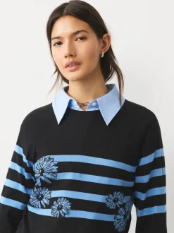 Gebreide Kleding|Next Zwart/blauw gestreept met bloemenprint - Soft Touch Ronde hals Katoen Rijke Trui