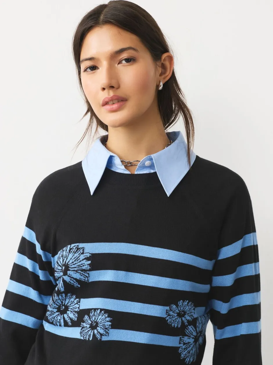 Gebreide Kleding|Next Zwart/blauw gestreept met bloemenprint - Soft Touch Ronde hals Katoen Rijke Trui